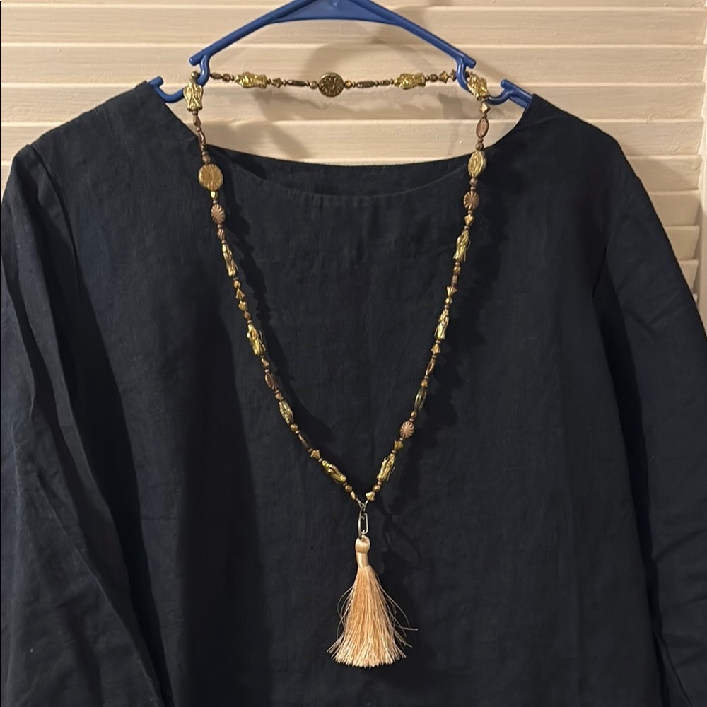 Czech Glass Angel Gold and Brown Beaded Necklace with Tassel